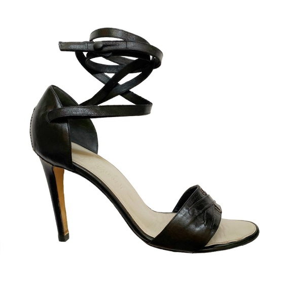 Yves saint Laurent black leather ankle wrap open toe heels - Picture 2 of 11